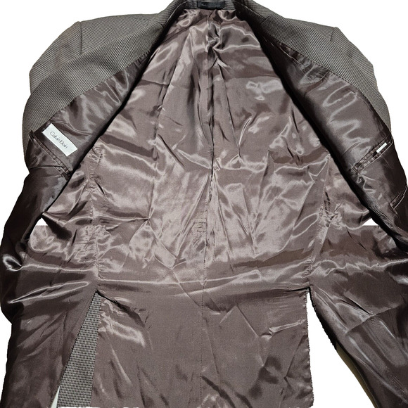 Calvin Klein Tweed Sport Coat Blazer Designer Wool Peak 46R Brown Suit Jacket - Picture 8 of 11